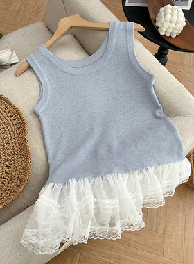 1CoMo 新款羊毛混纺法式修身型常规打底纯色洋气蕾丝拼接背心6253