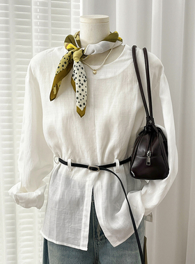 CoMo 秋季新款亚麻天丝混纺时尚韩版设计感收腰显瘦腰带衬衫2508