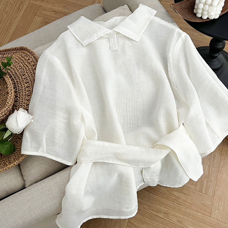 1CoMo 新款亚麻天丝混纺通勤短袖法式立领纯色韩版设计感衬衫0106