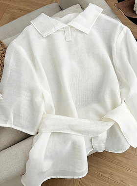 1CoMo 新款亚麻天丝混纺通勤短袖法式立领纯色韩版设计感衬衫0106