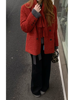 CoMo 复古红双排扣羽绒服女毛绒保暖短款韩系休闲通勤外套8277