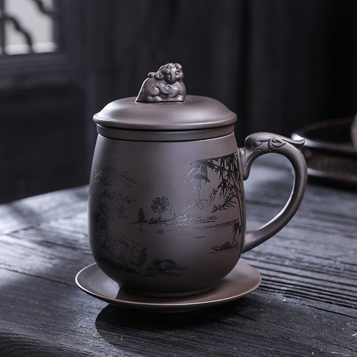 刻花紫砂紫砂办公茶杯带过滤刻字