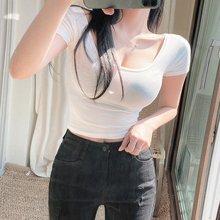 韩国东大门新款夏季性感大U领短袖T恤女紧身短款锁骨露脐上衣