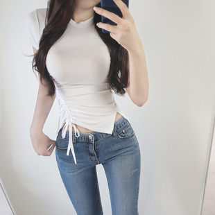 留！设计感抽绳短袖白色t恤女ins超火短款显瘦高腰BM风上衣体恤夏