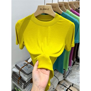 上衣半袖 螺纹短袖 洋气纯色百搭修身 2026新款 体恤女 t恤女ins潮夏装