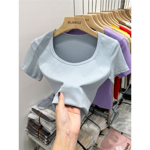 chic港味纯欲露锁骨短款 2026新款 方领上衣体恤 t恤女夏装 纯棉短袖