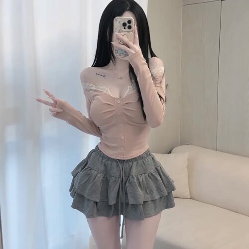 东大门新品 温柔纯欲 性感女人味一字肩蕾丝边长袖T恤上衣