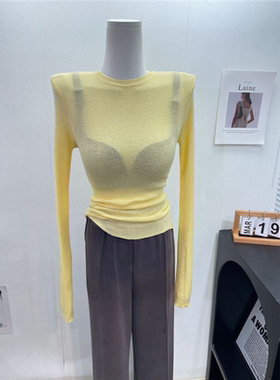 少女心奶黄色性感微透薄款针织衫长袖T恤女修身百搭外穿打底上衣
