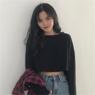 港风纯色宽松高腰短款爵士T恤女长袖mayjlee同款露脐jazz跳舞上衣