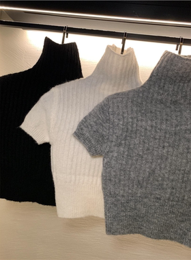 灰色高领短袖针织T恤女夏季基础款修身内搭气质紧身显瘦打底上衣