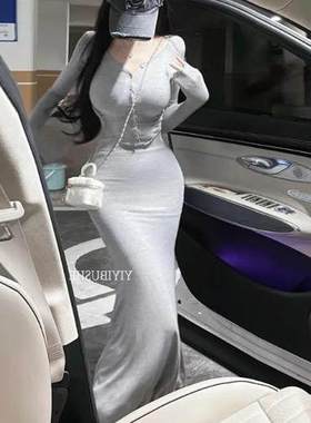 当天发 2026自制 GT019女人味鱼尾摆 显身材长袖t恤长裙套装