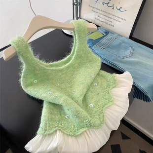 网纱拼接高级感针织马甲女早春2026新款 漂亮韩系温柔外穿背心上衣