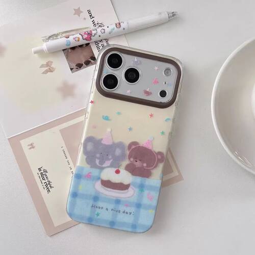 Birthday Cake Elephant Bear Plaid Brown Frame Large Window Phone Case 适用 iPhone 17 Pro Max 16 15