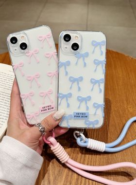 Blue pink bowknot bracelet clear case适用iphone 11 12 13 14 15 16 17 pro max XR XS MAX 7 8 PLUS