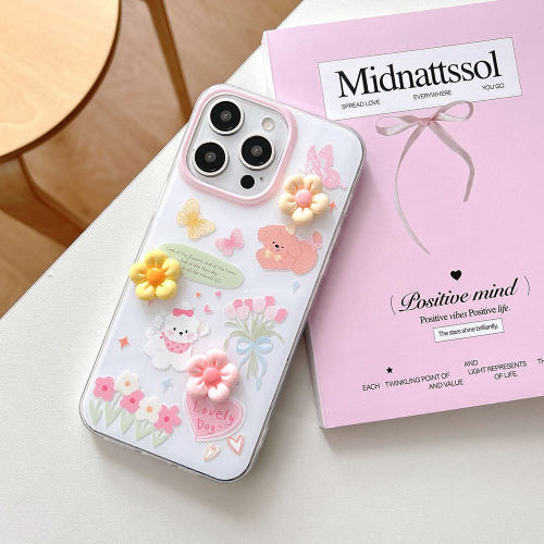 Ins 3D Cream Flower Puppy Bow Clear Phone Case 适用 iPhone 17 16 Pro Max 15 14 13 12