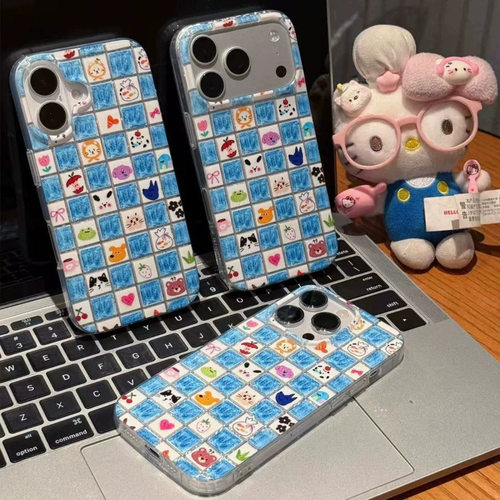 Fresh Blue Plaid Cute Pet Pattern Big Window Phone Case 适用 iPhone 17 Pro 18 Pro Max 16 15 14