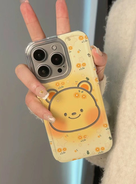 Yellow Floral Cute Bear Clear Case Soft  Cover适用 iPhone 13/14/15 Pro/XS Max Transparent Protection