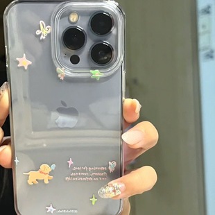 Cute Star Puppy Clear Phone Case Large Camera  适用 iPhone 13/14/15 Pro Max – Transparent Soft