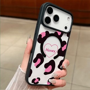 Black Frame Pink Leopard Print Magnetic clear case适用iphone 11 12 13 14 15 16 plus 17 pro max