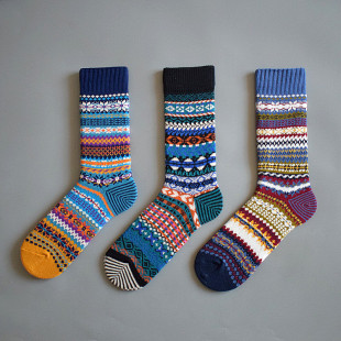 日系复古加厚条纹工装 咔叽粗线中筒袜男防臭棉线高筒民族潮流长袜