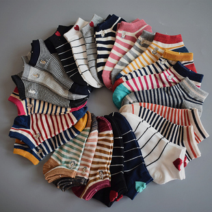 条纹春夏季 日系外贸短筒袜子女爱心海军简约百搭透气出口棉袜 薄款