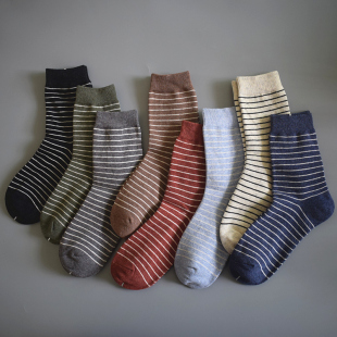 日式 无印风黑色排汗简约女生中筒长袜春秋保暖细条纹出口品质棉袜