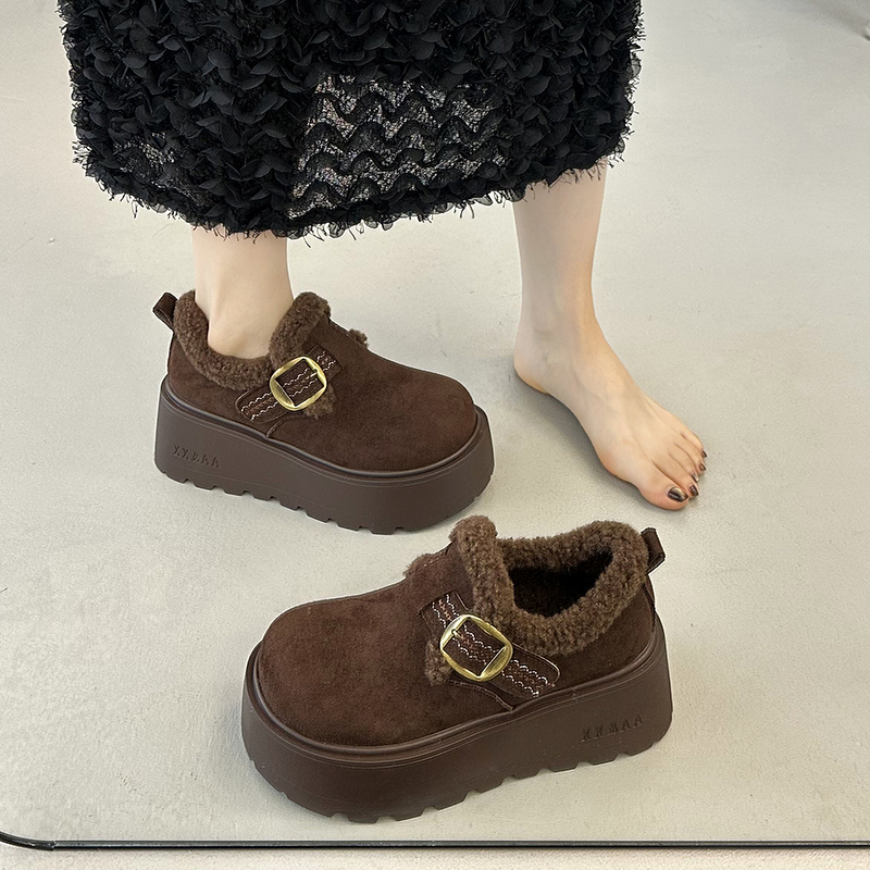 复古厚底增高勃肯鞋女2025冬季新款加绒保暖勃肯棉鞋一脚蹬乐福鞋