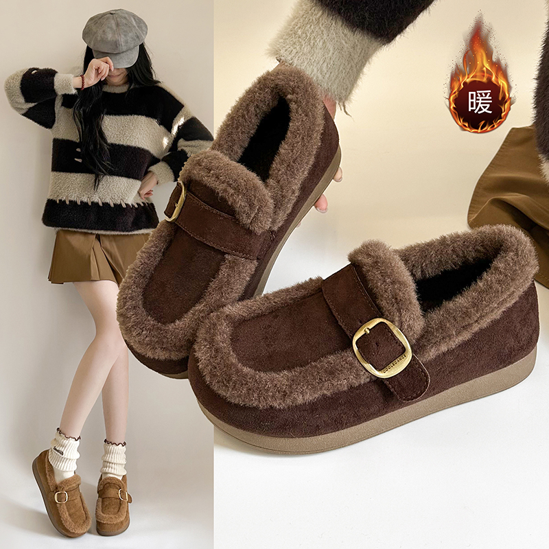 2025新款百搭韩版皮带扣毛绒勃肯鞋女冬季加绒保暖平底一脚蹬棉鞋