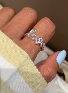 Aililyba韩国通体925纯银海洋之心戒指开口星星LOVE戒指