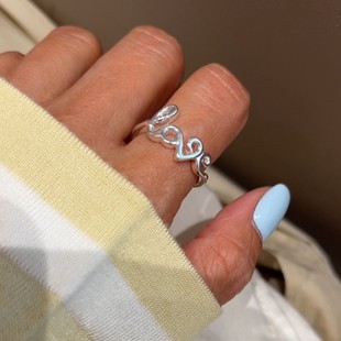 Aililyba韩国通体925纯银海洋之心戒指开口星星LOVE戒指