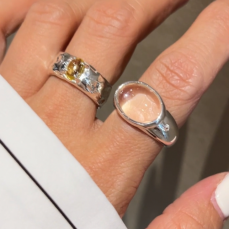 Aililybakr韩国进口925纯银天然白水晶褶皱黄水晶戒指开口戒