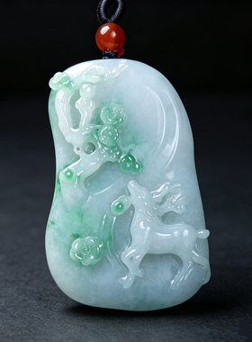 遇玉翡翠梅花鹿A飘花玉牌项链