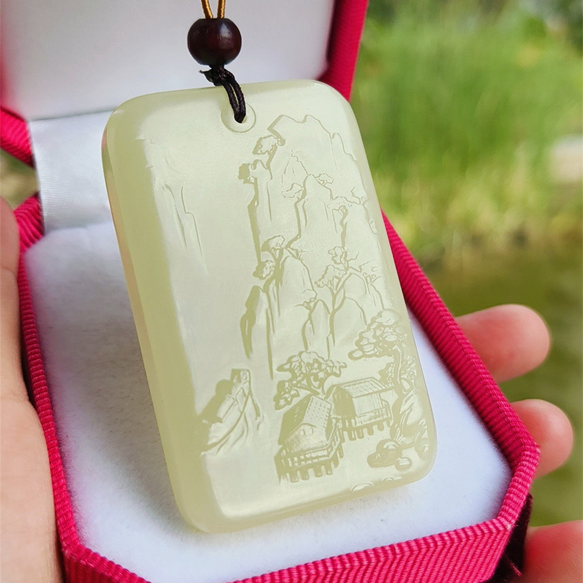 天然青白玉山水画吊坠项链挂失眠