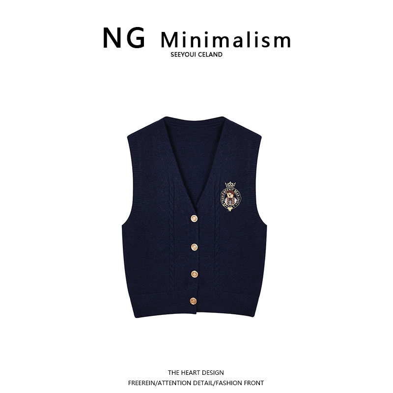NG Minimalism学院风小熊刺绣针织马甲背心女2023v领无袖毛衣上衣高性价比高么？