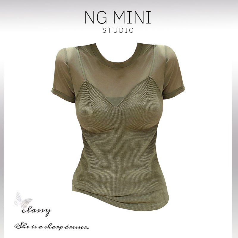 NG Minimalism 新款衣服夏装修身短袖性感上衣网纱微透