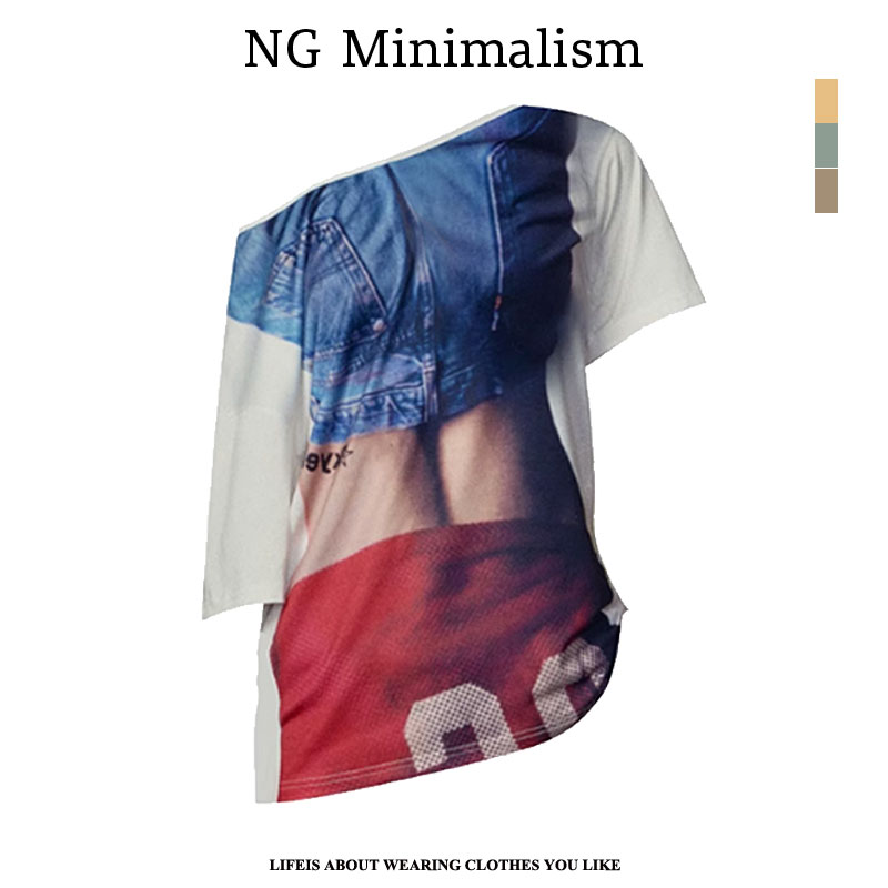 NG Mini数码人像印花 oversized宽松斜肩T恤中袖上衣