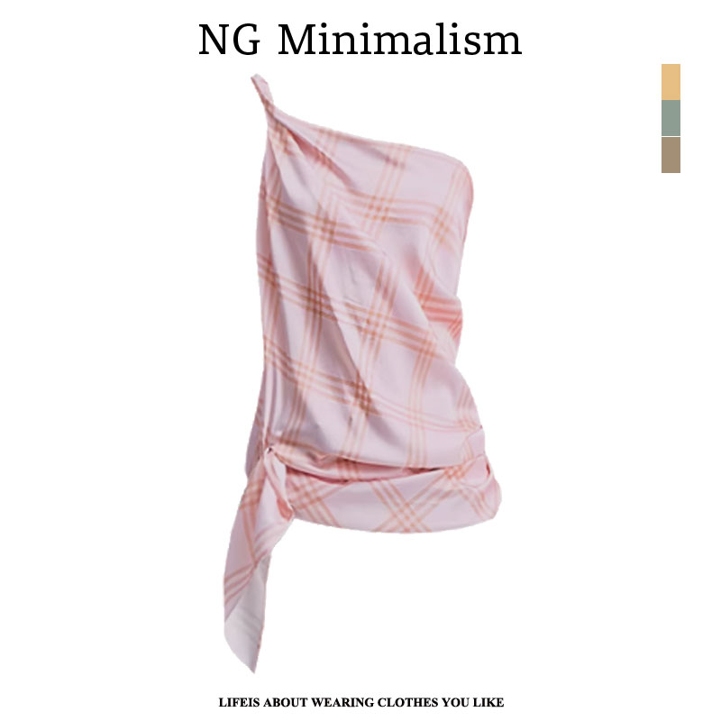 NG Mini  复古无袖斜肩格纹背心显瘦修身上衣女