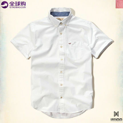 美国正品 AF副牌 hollister 夏季薄款男士休闲纯色府绸短袖衬衫