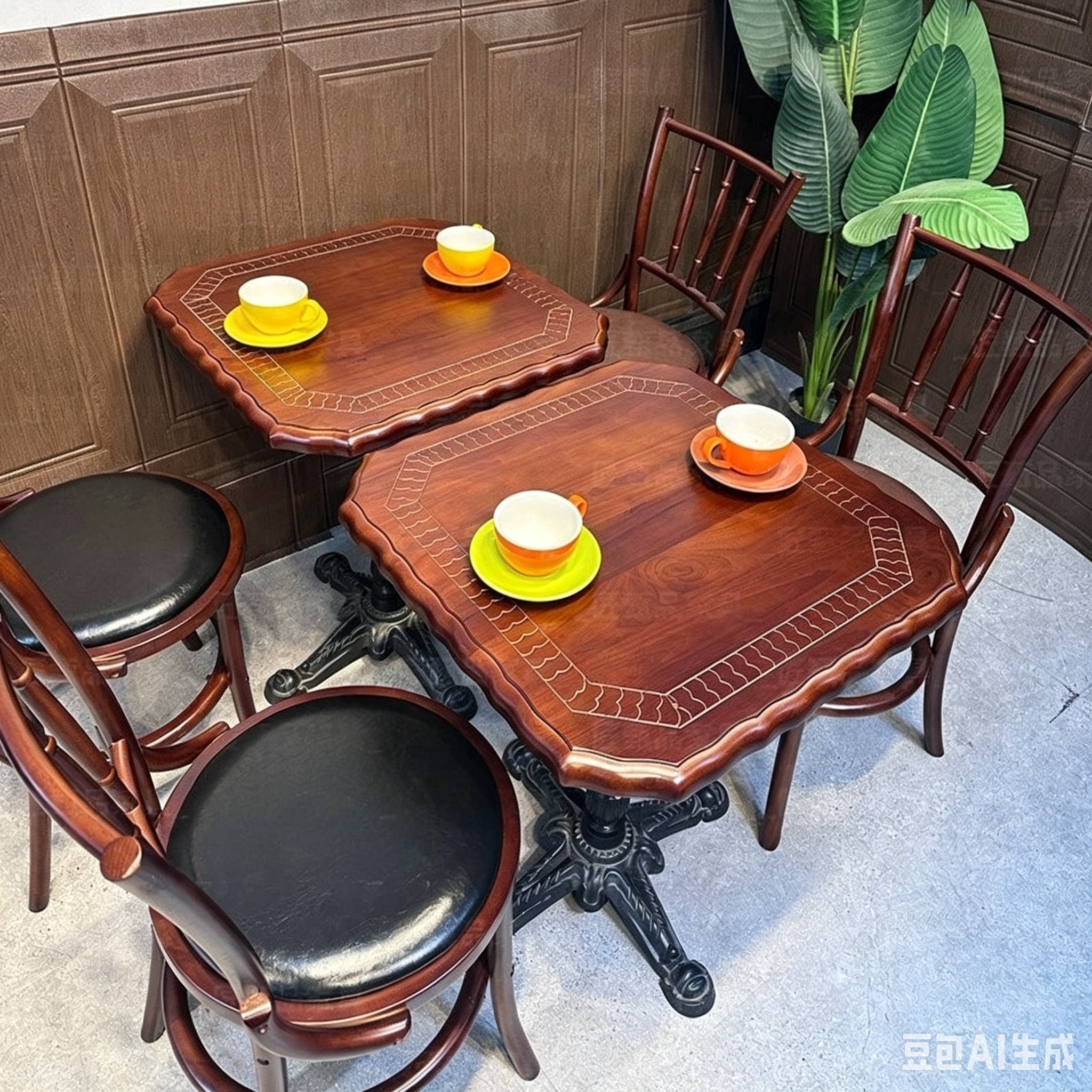 美式复古实木卡座方圆桌椅组合