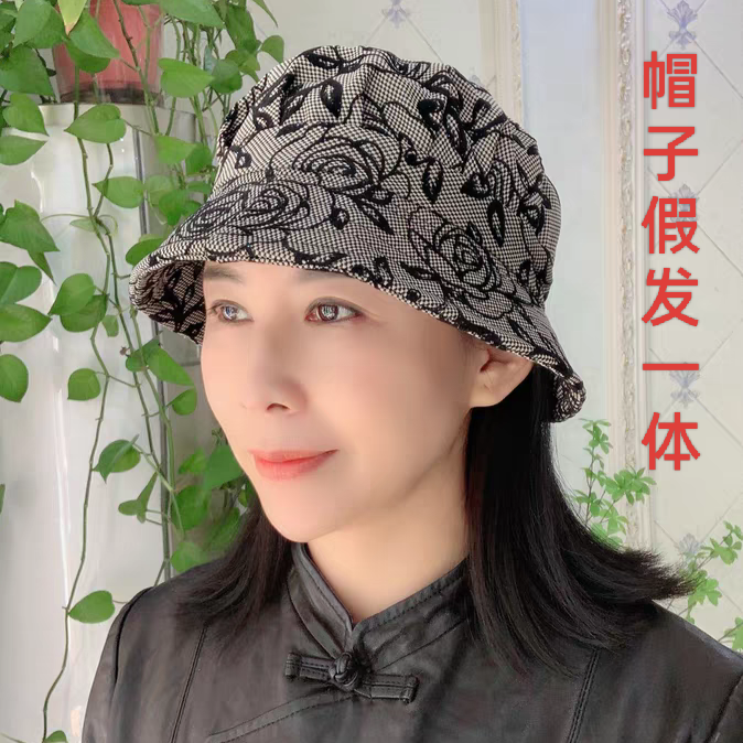 夏季透气妈妈假发帽子一体女布帽