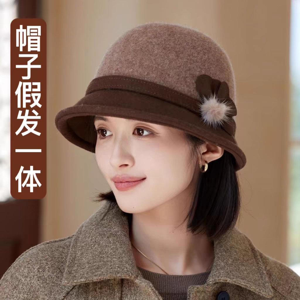 新款羊毛呢渔夫帽子假发一体女秋冬天优雅洋气盆帽齐肩短发真发,美发护发/假发,日常整顶假发,淘宝优惠券,粉丝福利购,淘宝优惠卷