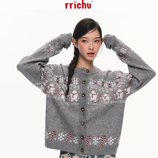 Rrichu 姜饼人针织开衫圆领费尔岛毛衣灰色提花氛围感圣诞短外套