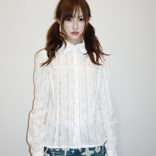 Rrichu「蔷邮甜签」原创长袖 女韩系收腰显瘦娃娃领碎花上衣 衬衫
