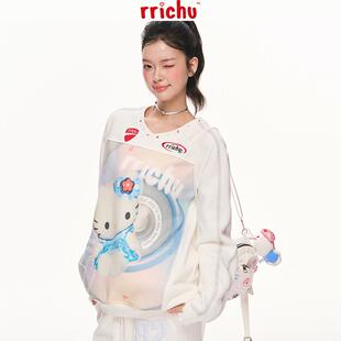 Rrichu 长袖球衣Blokette运动少女风白色v领印花卫衣秋季宽松上衣