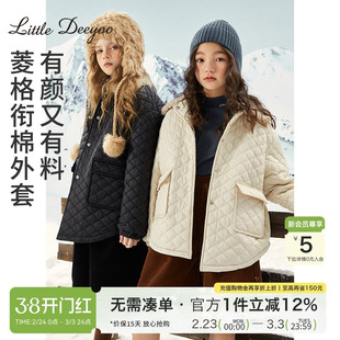 【特价】女童菱格小香风棉服外套大童儿童仿羊羔毛领轻薄棉衣棉袄