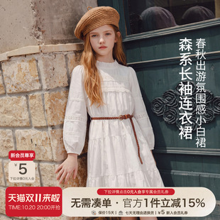中大童连衣裙春秋长袖公主裙女童森系立领分层蛋糕蕾丝拼接小白裙