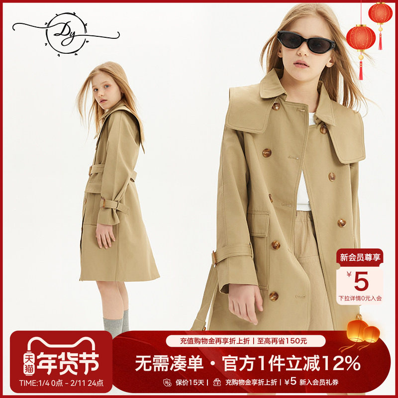 欧美学院风女童风衣中大童9-14岁学生春秋款卡其色收腰显瘦外套