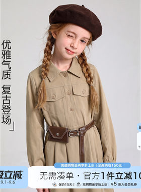 2026文艺风女童工装连衣裙收腰长袖衬衫裙女孩出游法式复古中长裙