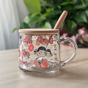 ins玻璃杯吸管牛奶早餐杯可爱卡通刻度杯子加盖勺礼品印字logo