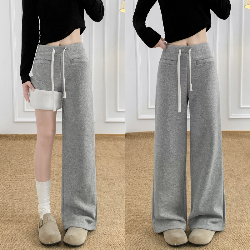 美式复古运动风宽松显瘦百搭垂感抽绳高腰加绒假口袋卫裤女阔腿裤
